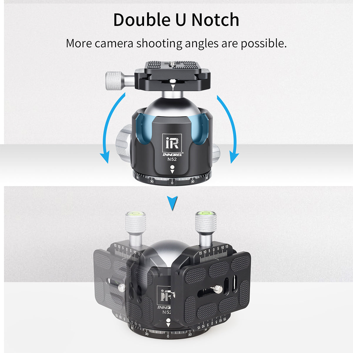 INNOREL N52 ballhead featuring double U-notch cutouts allowing vertical shots without restriction