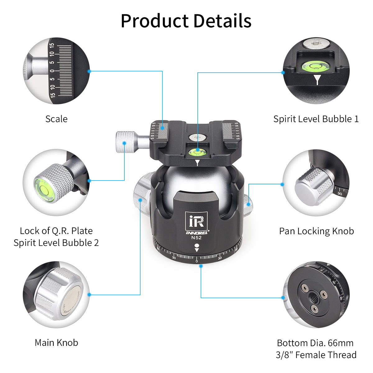 INNOREL N52 ballhead features panoramic locking knob for smooth rotation and bubble level for precise horizon alignment