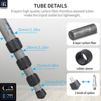 INNOREL NT85C equipped with rubber sleeve 2 kinds of apikes and 8 layers high quality carbon fiber rhombus-weaved tubes make the tripod stable but lightweight 