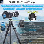 P254C tripod with D34 ballhead specifications including 166cm max height 1.35kg weight 12kg load 8-layer carbon tube