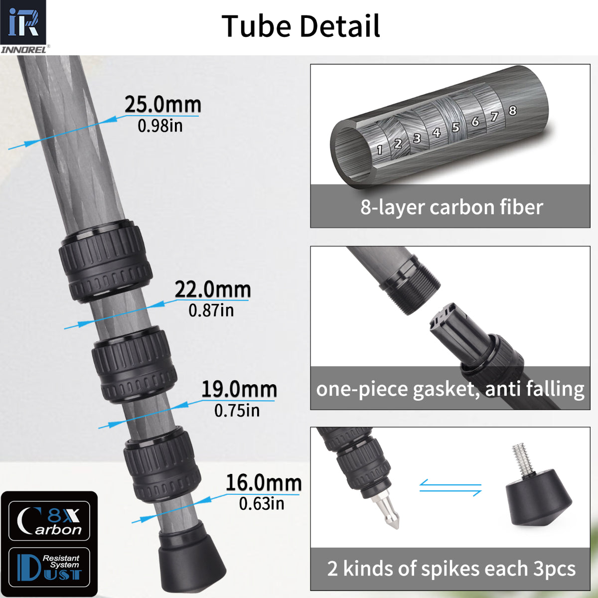 INNOREL P254C is equipped with interchangeable screw-in rubber spikes and stainless steel spikes