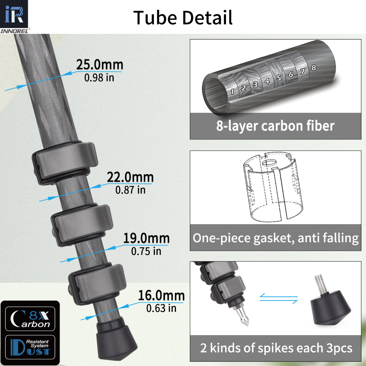 INNOREL P254CF is equipped with interchangeable screw-in rubber spikes and stainless steel spikes