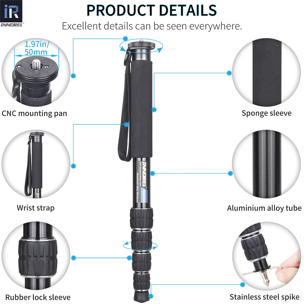 INNOREL RM325A monopod detail including dia 50mm CNC mounting pan sponge sleeve wrist strap aluminium alloy tube rubber lock sleeve stainless steel spike