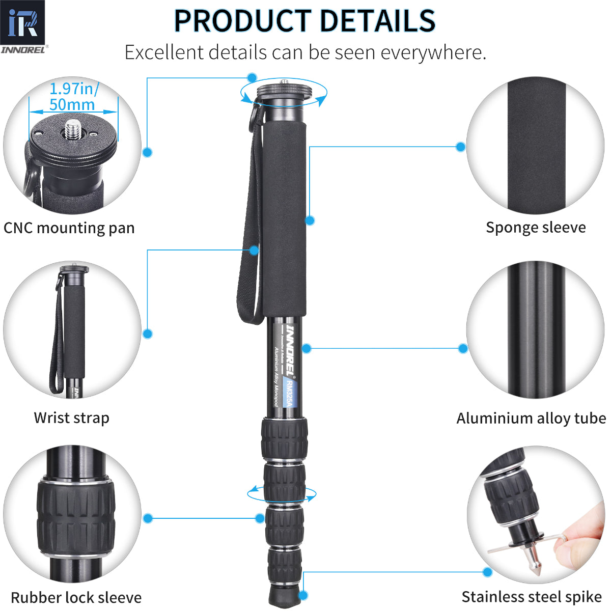 INNOREL RM325A monopod detail including dia 50mm CNC mounting pan sponge sleeve wrist strap aluminium alloy tube rubber lock sleeve stainless steel spike