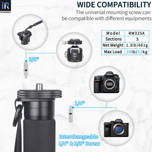 INNOREL RM325A 5-sections monopod max load 12kg with universal mounting screw can be compatible with different equipments fluid veido head ballhead camera