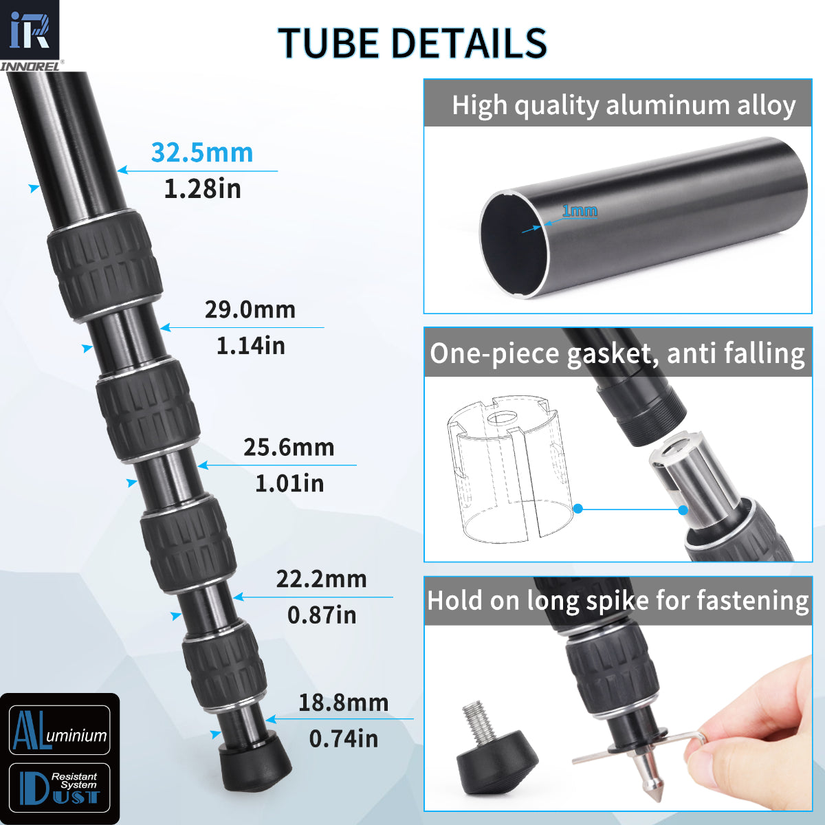 INNOREL high quality aluminum alloy RM325A is equipped with one-piece gasket,anti falling hold on long spike for fastening
