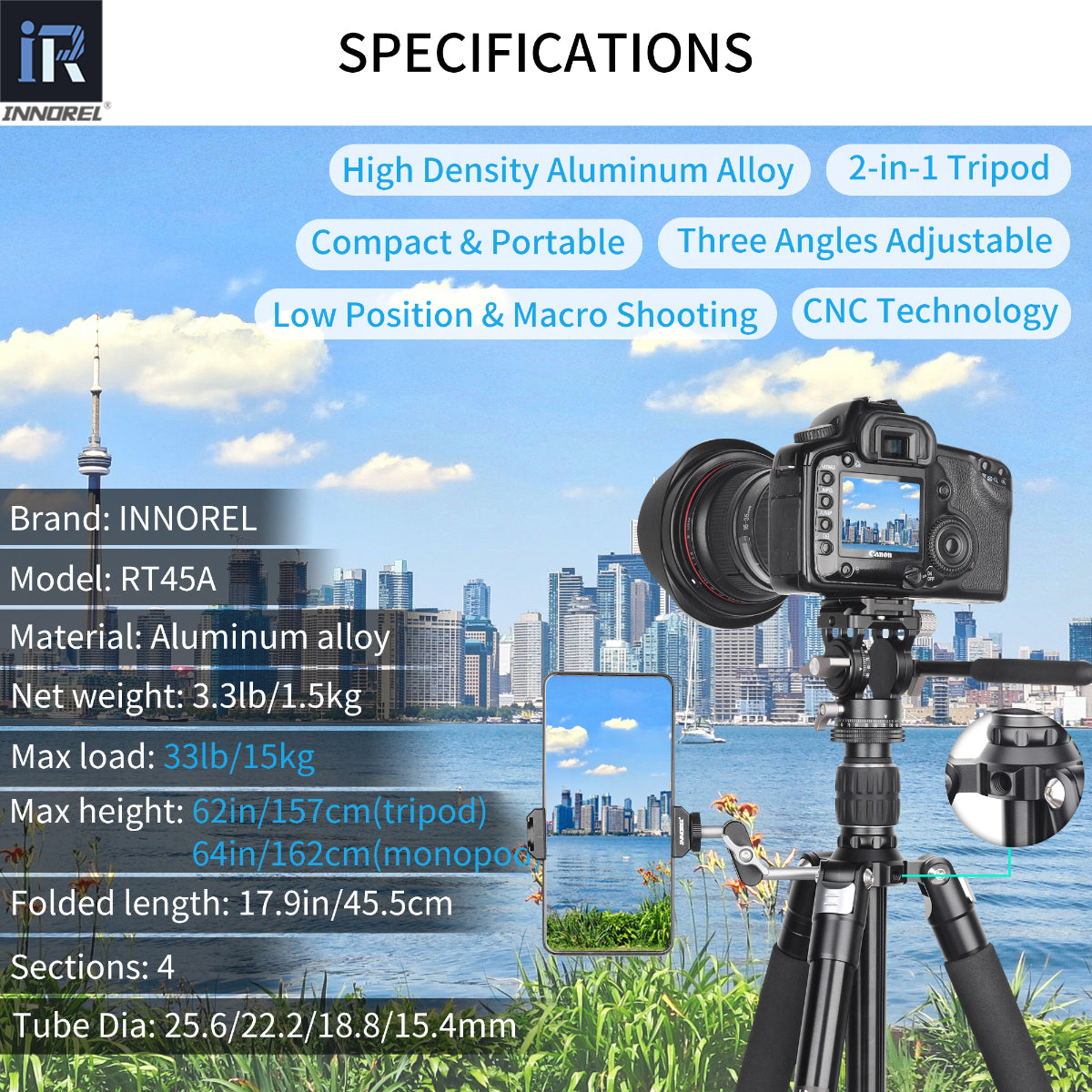 Aluminum Alloy Travel Tripod INNOREL RT45A Series