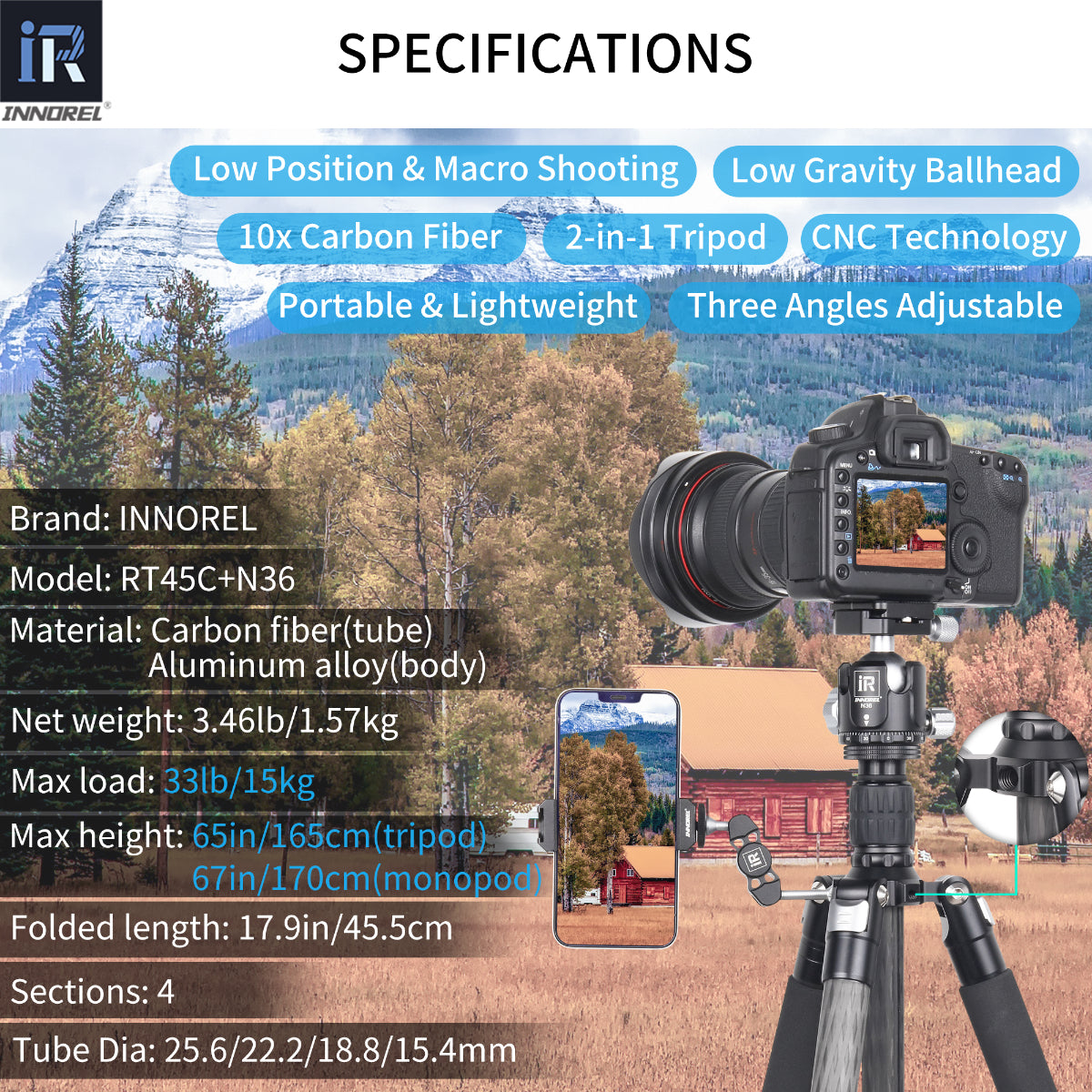 Portable Carbon Fiber Tripod INNOREL RT45C Series