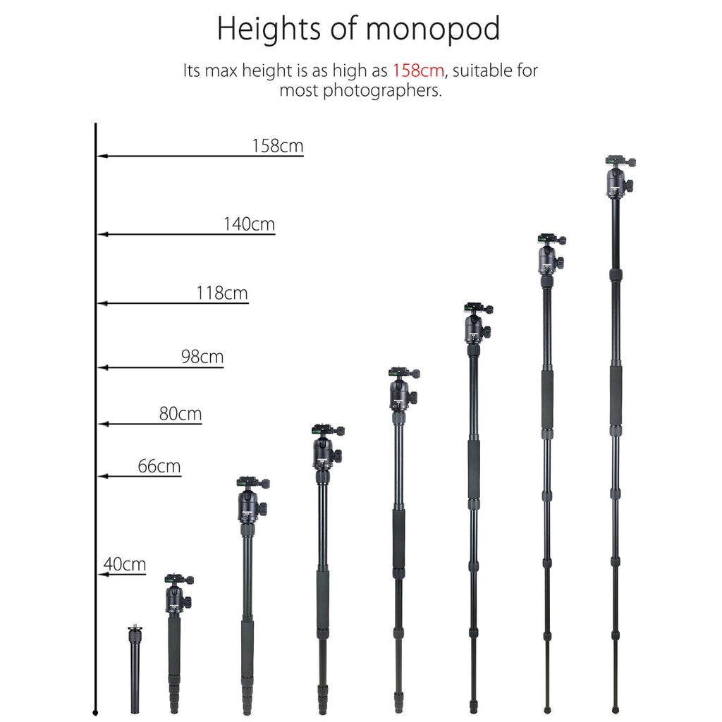 RT50 monopod max working hight 158cm min working hight 40cm