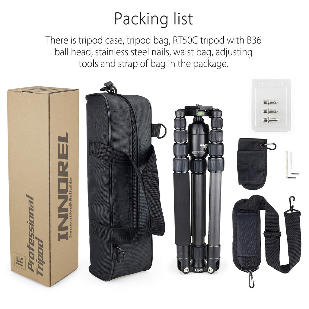 The RT50C packaging list includes RT50C tripod, tripod bag, shoulder strap, stainless steel foot nails, and tool kit