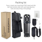 The RT50C packaging list includes RT50C tripod, tripod bag, shoulder strap, stainless steel foot nails, and tool kit