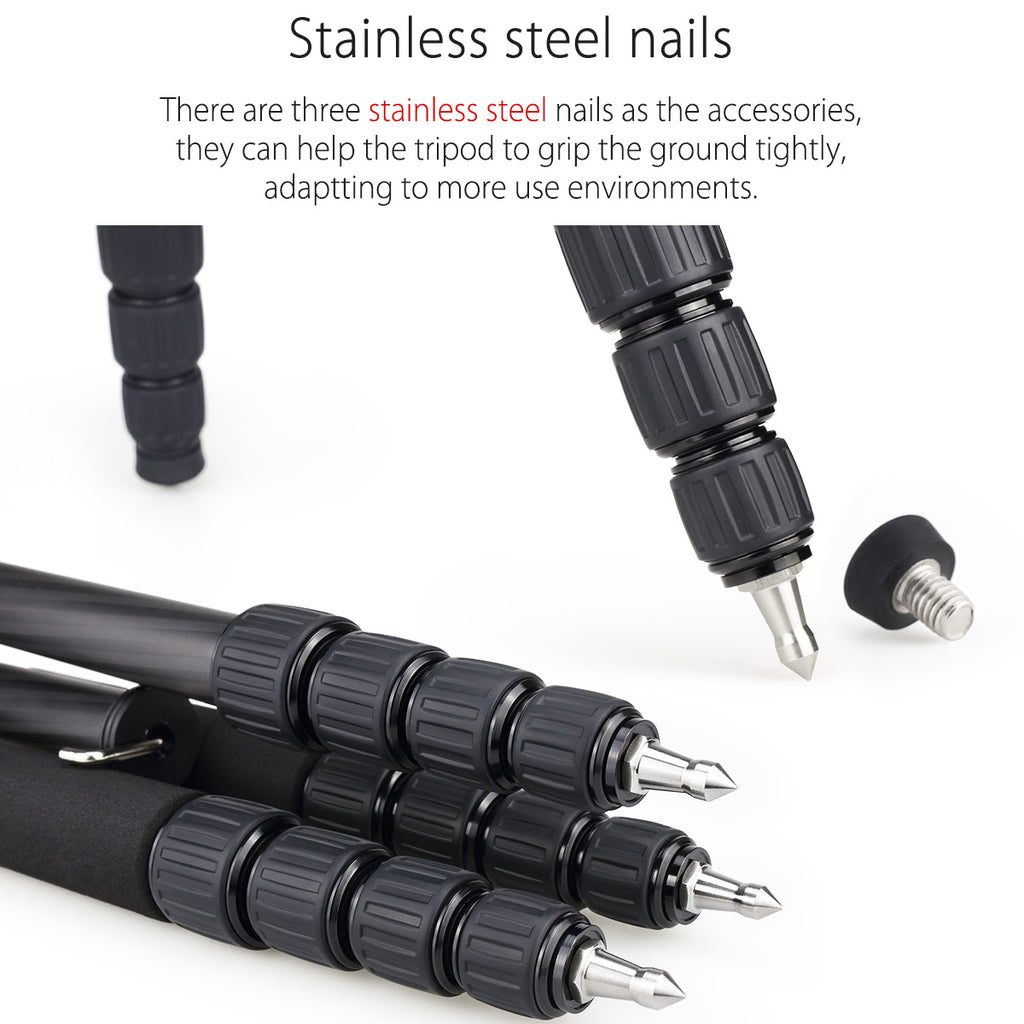 RT50C has 3 stainless steel nails,they can help the tripod to grip the ground tightly