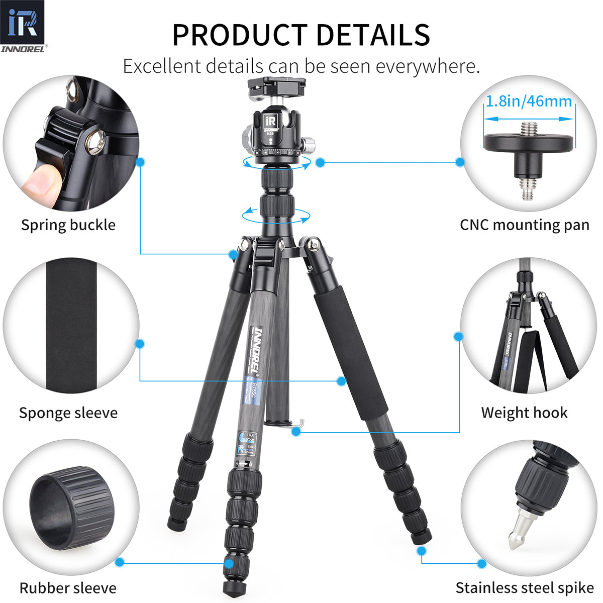 Rubber sleeves are covered on the lock of tube, they make the photography operation much more comfortable.