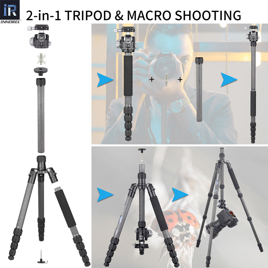 Remove or invert the column to achieve lowest angle shooting and macro shooting. One of the legs can be used as a monopod.