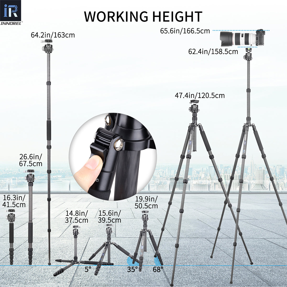 With N36 ballhead, RT55C tripod extends from 37.5cm to full 158.5cm working height, and the max height of monopod is 163cm.
