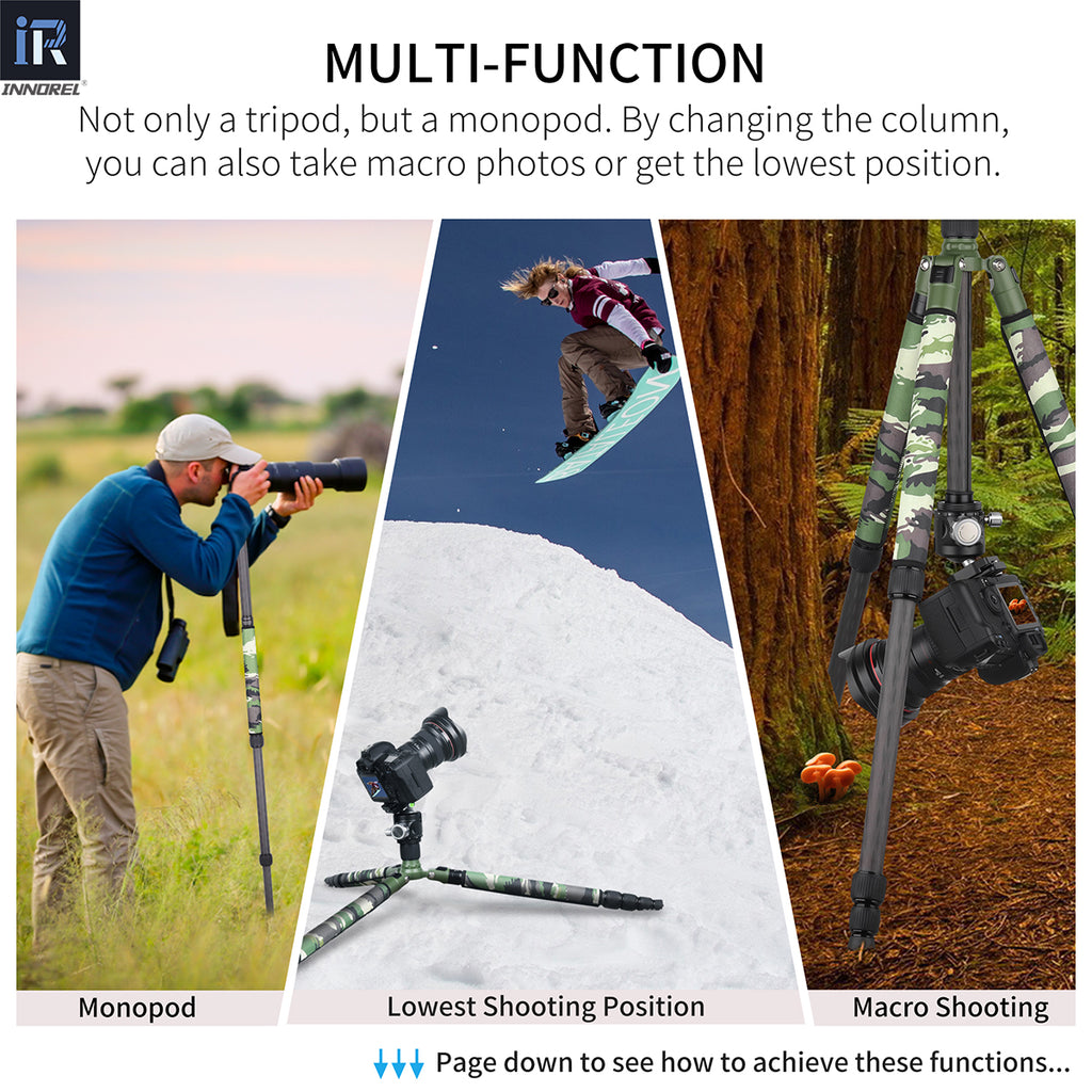INNOREL RT75CG muti-function tripod transform to monopod or get lowest position or take macro photos