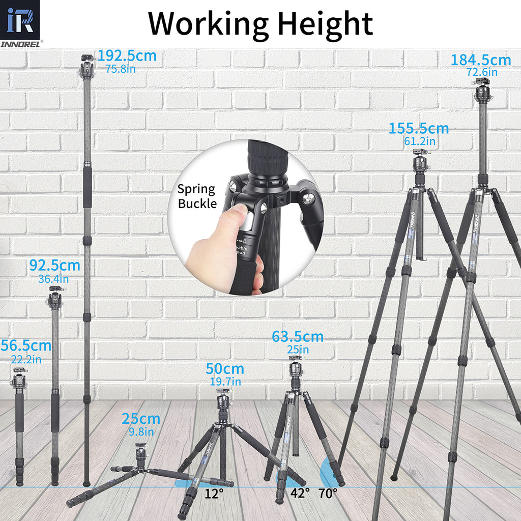 With N44 ballhead, RT85C tripod extends from 25cm to full 184.5cm working height, and the max height of monopod is 192.5cm.