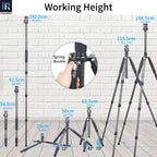 With N44 ballhead, RT85C tripod extends from 25cm to full 184.5cm working height, and the max height of monopod is 192.5cm.