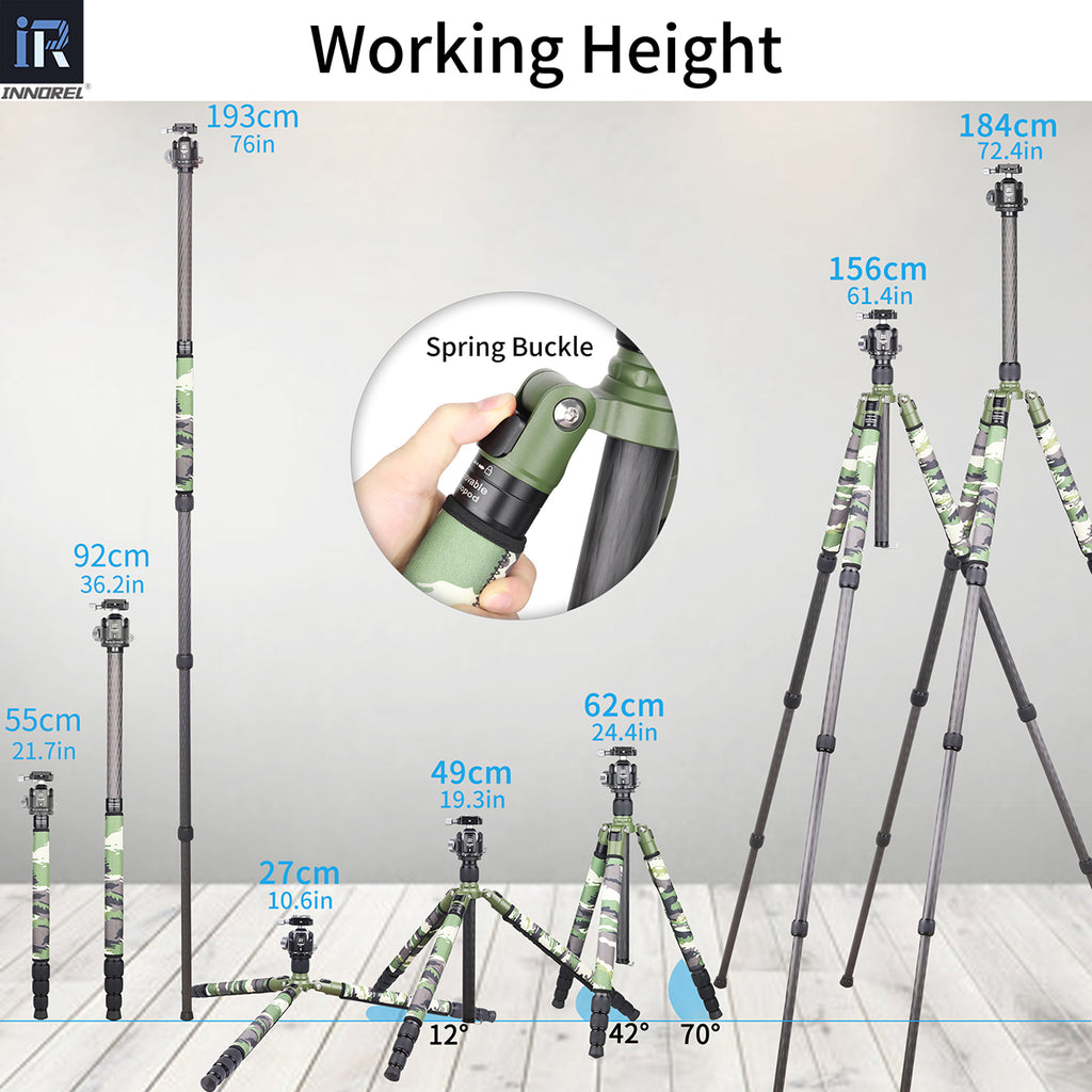 With N44 ballhead, RT85CG tripod extends from 27cm to full 184cm working height, and the max height of monopod is 193cm.