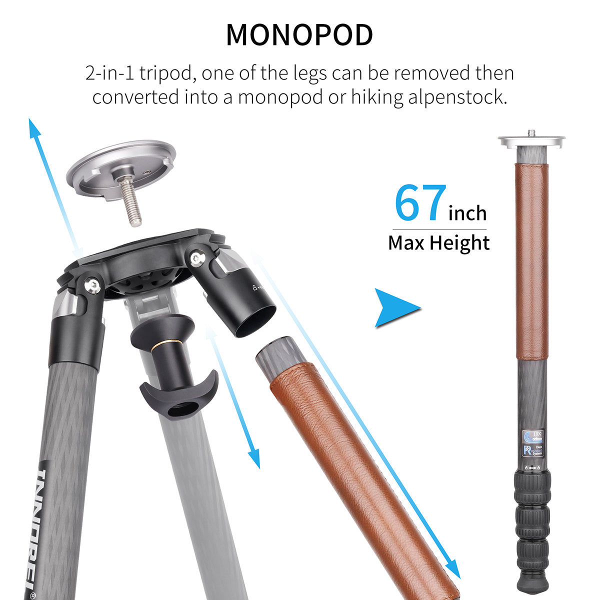 One leg of INNOREL ST344C tripod can be removed and converted in to a monopod or hiking alpenstock