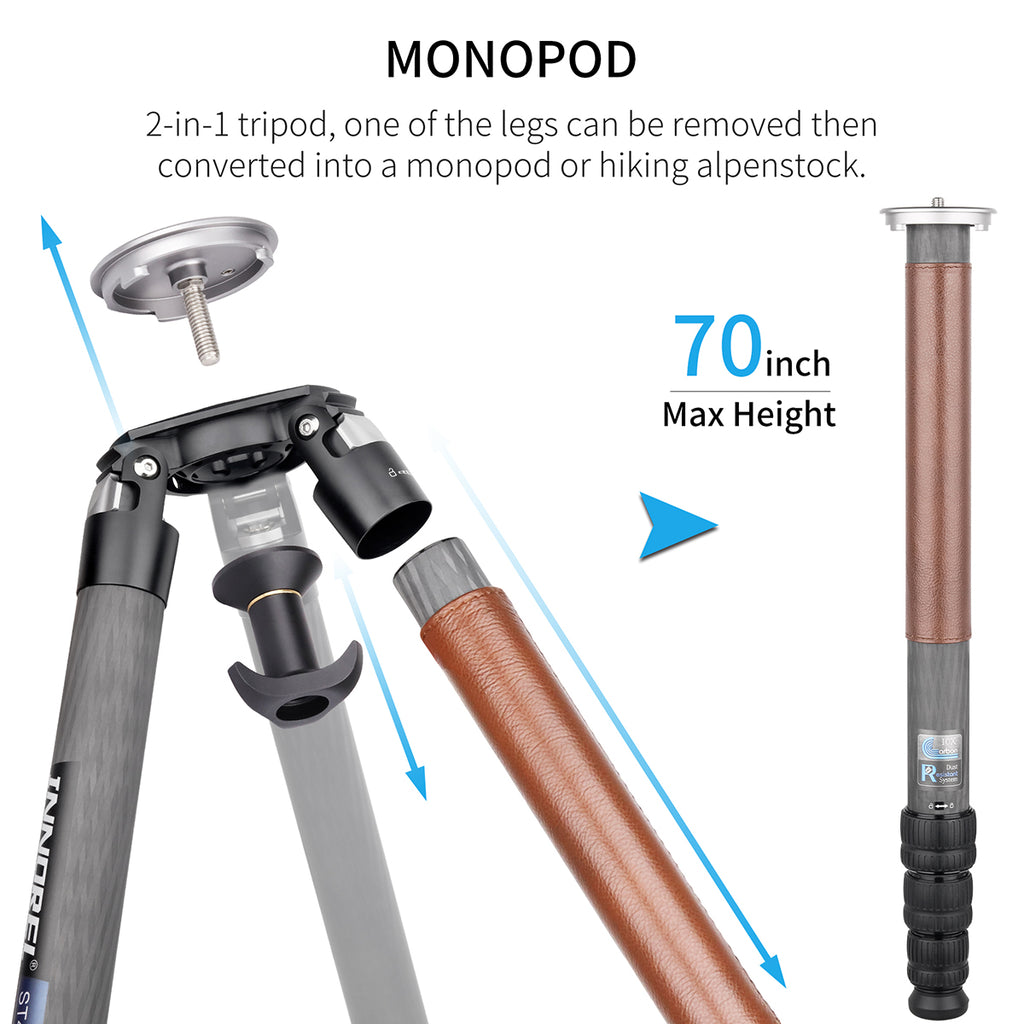 One leg of INNOREL ST424C tripod can be removed and converted in to a monopod or hiking alpenstock