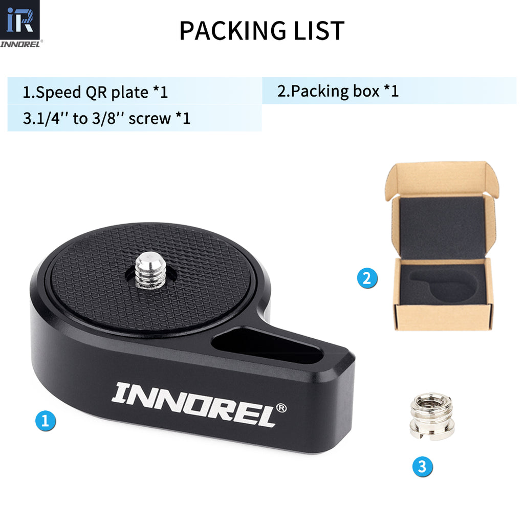INNOREL TS9 top speed quick release plate packing list including speed Q.R.Plate packing box 1/4'' to 3/8'' screw