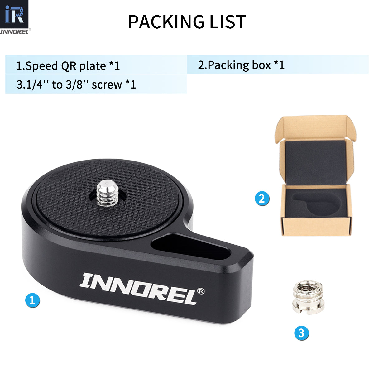 INNOREL TS9 top speed quick release plate packing list including speed Q.R.Plate packing box 1/4'' to 3/8'' screw