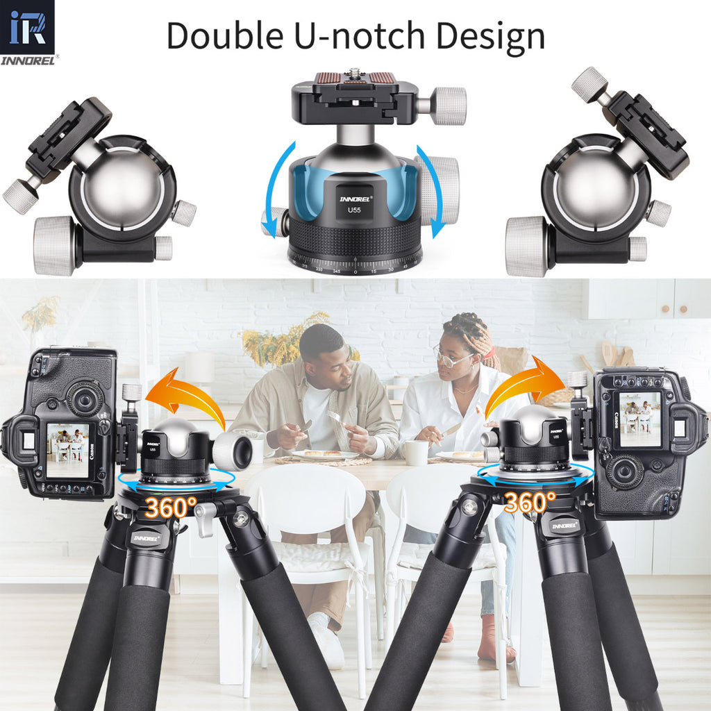 INNOREL U44 and U55 ballhead with double U-notch features for 90° tilt smooth portrait orientation shooting and flexible composition