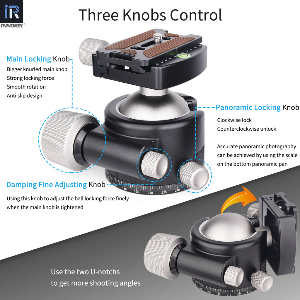 U44 and U55 ballhead features main locking knob damping fine adjusting knob and panoramic locking knob for precise camera positioning