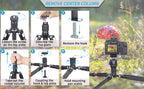 Step-by-step guide on how to remove the center column of a camera tripod with a mushroom in the background.