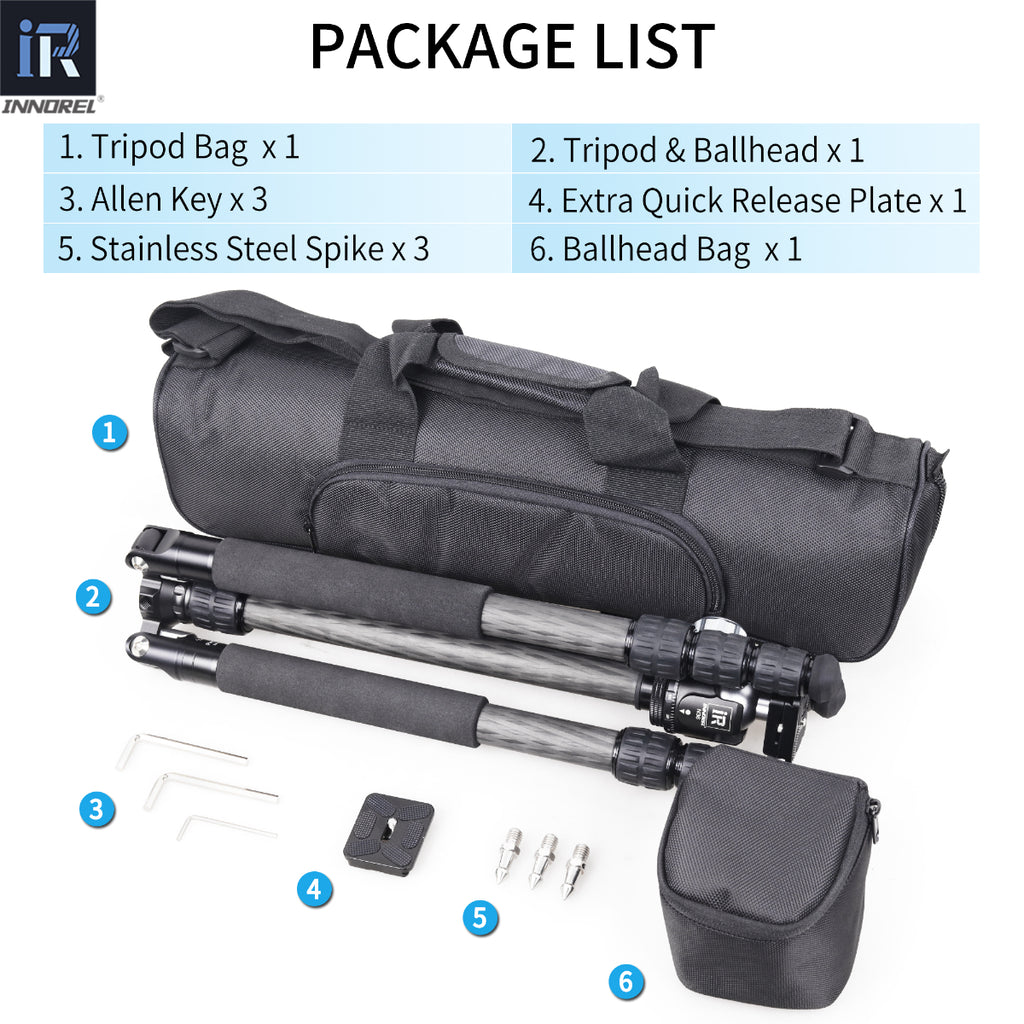 Package list of a photography tripod set with bag, spike, and accessories on a white background.