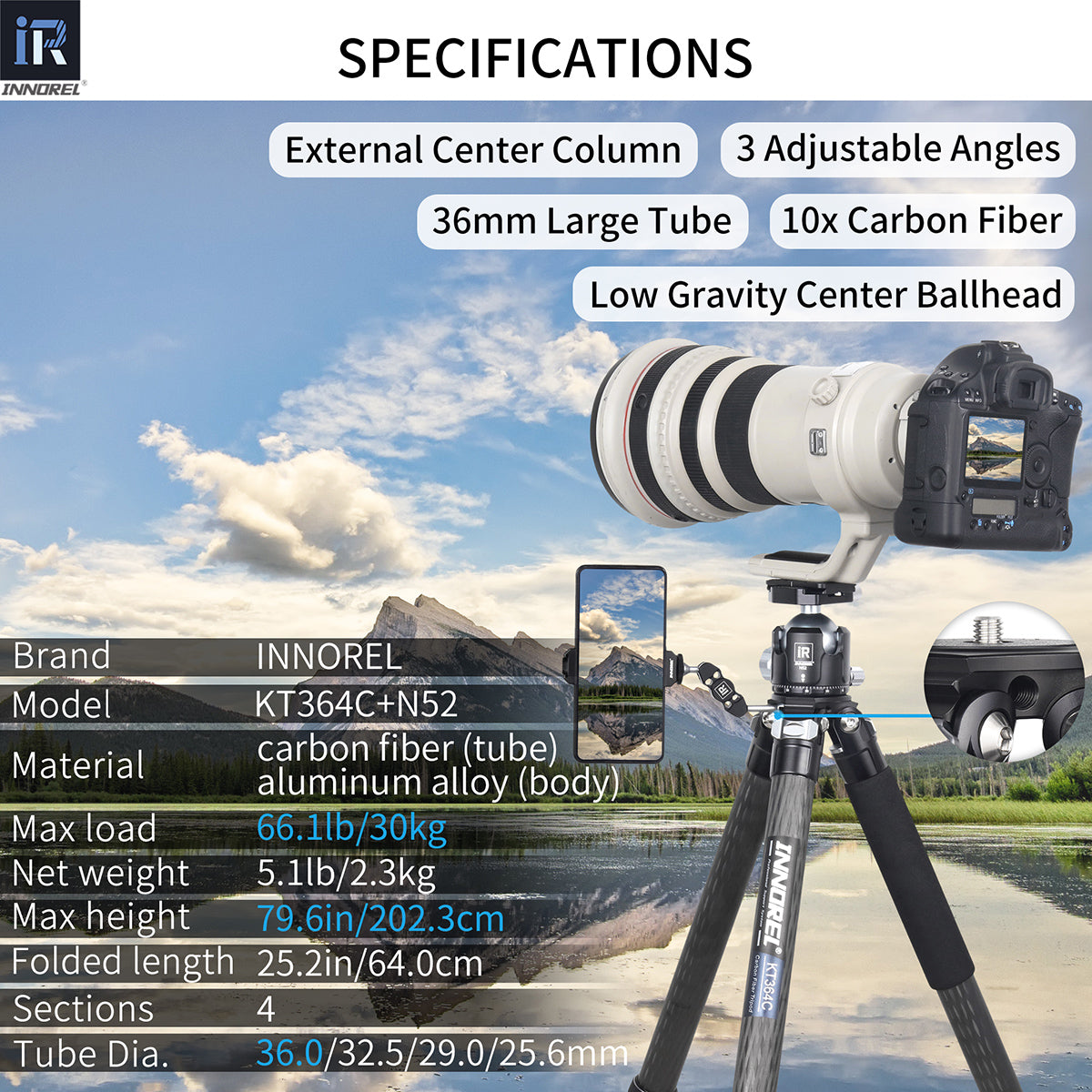Used Carbon Fiber Camera Tripod 36mm Tube INNOREL KT364C+N52(Only Europe has inventory)