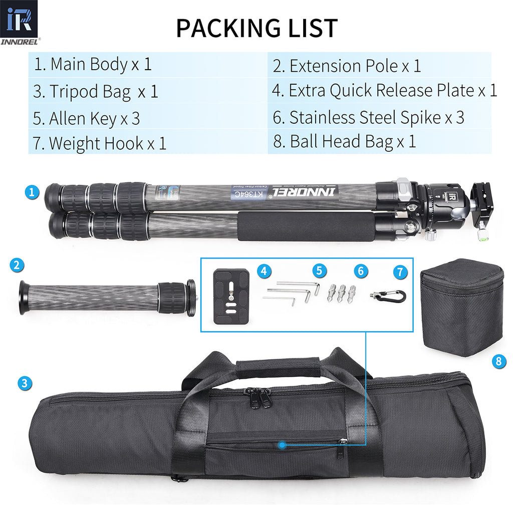 Used Carbon Fiber Camera Tripod 36mm Tube INNOREL KT364C+N52(Only Europe has inventory)