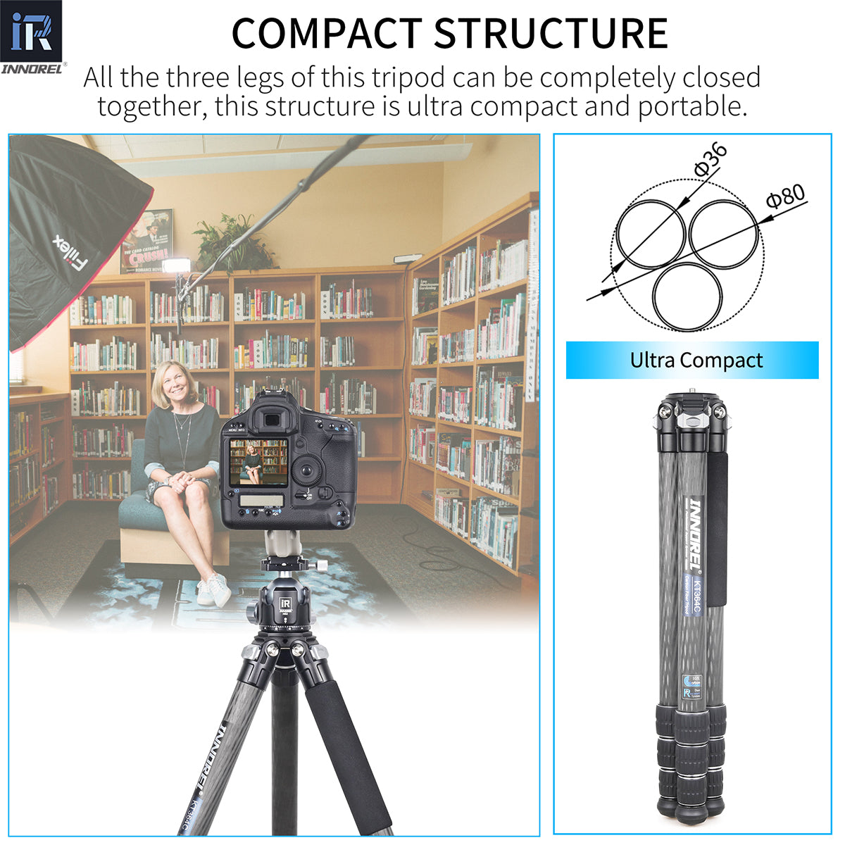 Used Carbon Fiber Camera Tripod 36mm Tube INNOREL KT364C+N52(Only Europe has inventory)