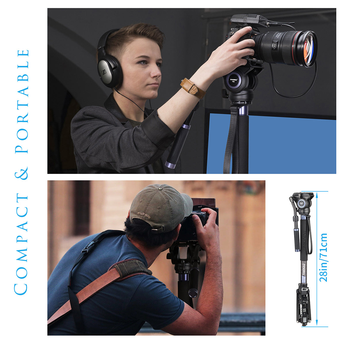 Person using a camera on a tripod with text 'Compact & Portable' and a measurement of the tripod.