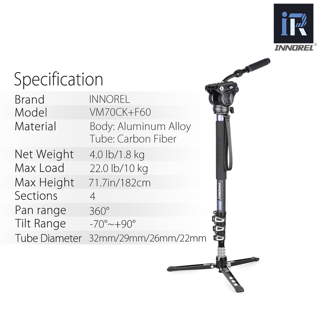 INNOREL camera monopod with specifications on a white background