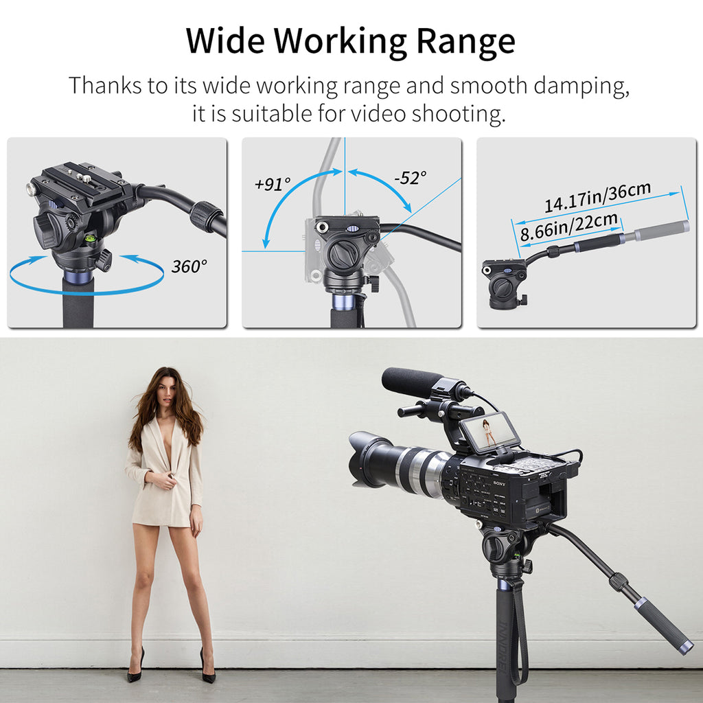 Camera tripod with camera on a stand, woman standing next to it, and text about wide working range.