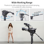 Camera tripod with camera on a stand, woman standing next to it, and text about wide working range.