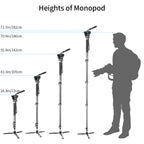 Illustration of a monopod with various height settings and a silhouette of a person for scale.