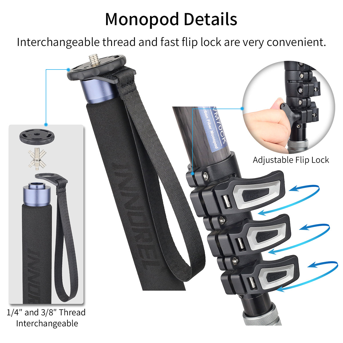 Black monopod with interchangeable thread and adjustable flip lock features, shown with packaging and close-up details.
