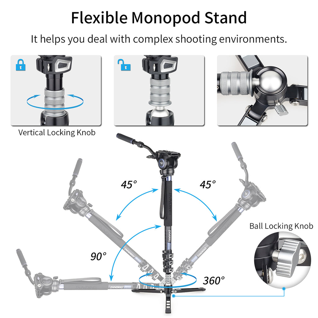 Flexible monopod stand with features and usage illustrations on a white background