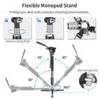 Flexible monopod stand with features and usage illustrations on a white background