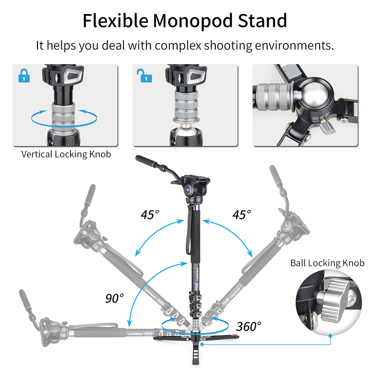 Flexible monopod stand with features and usage illustrations on a white background
