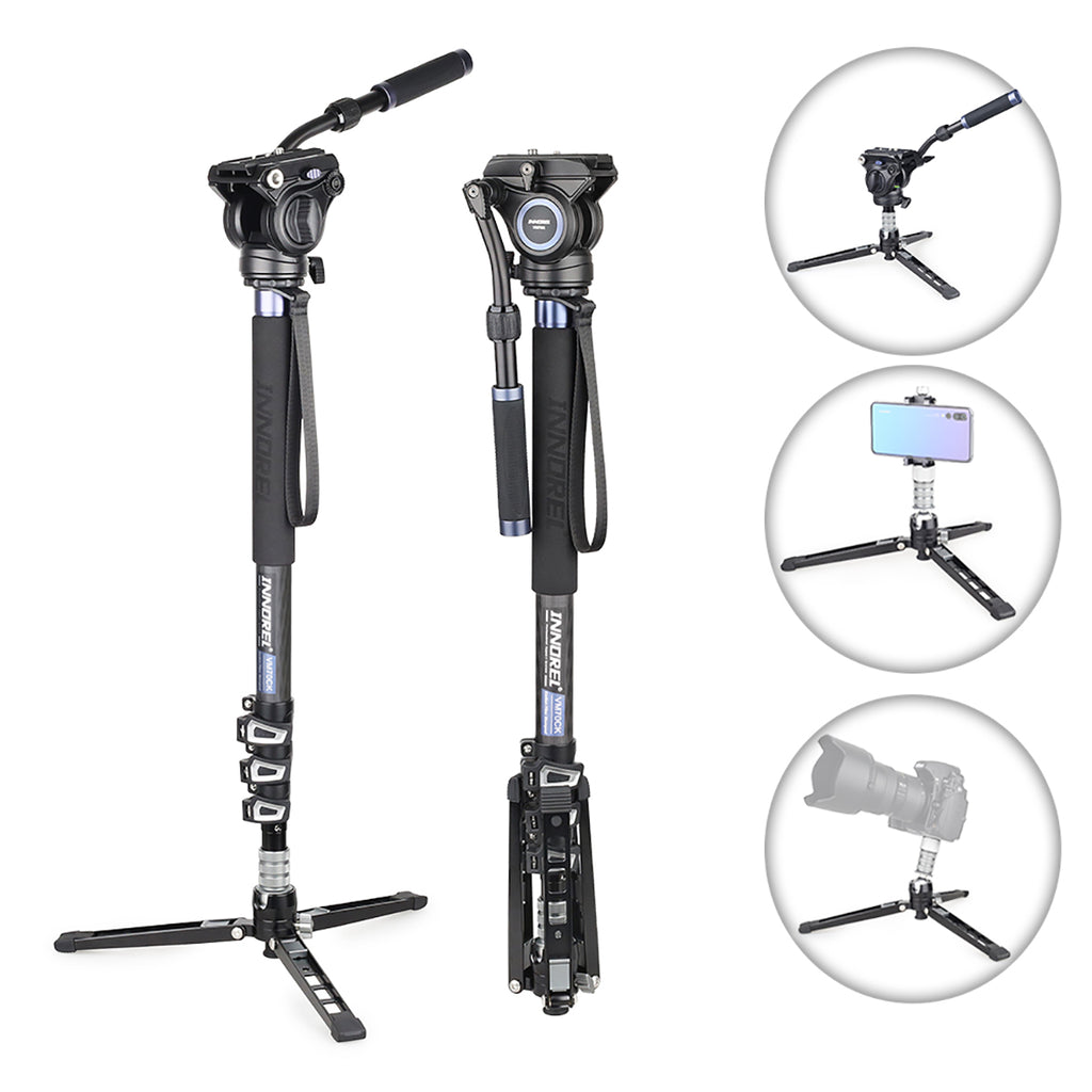 Camera monopod with various attachments on a white background