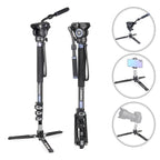Camera monopod with various attachments on a white background