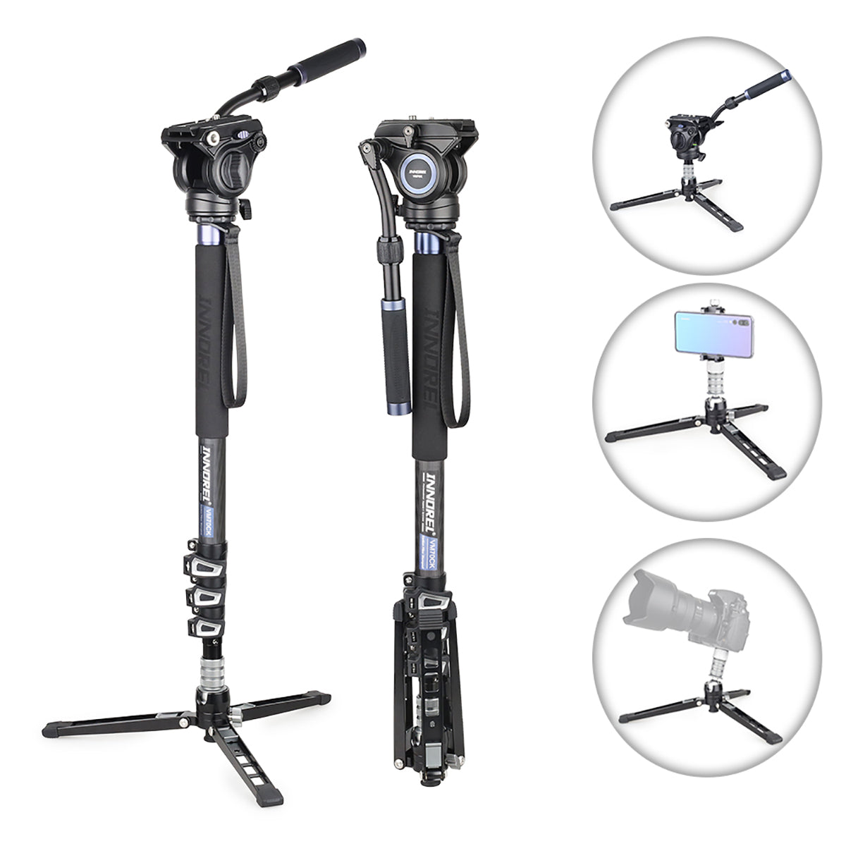 Camera monopod with various attachments on a white background