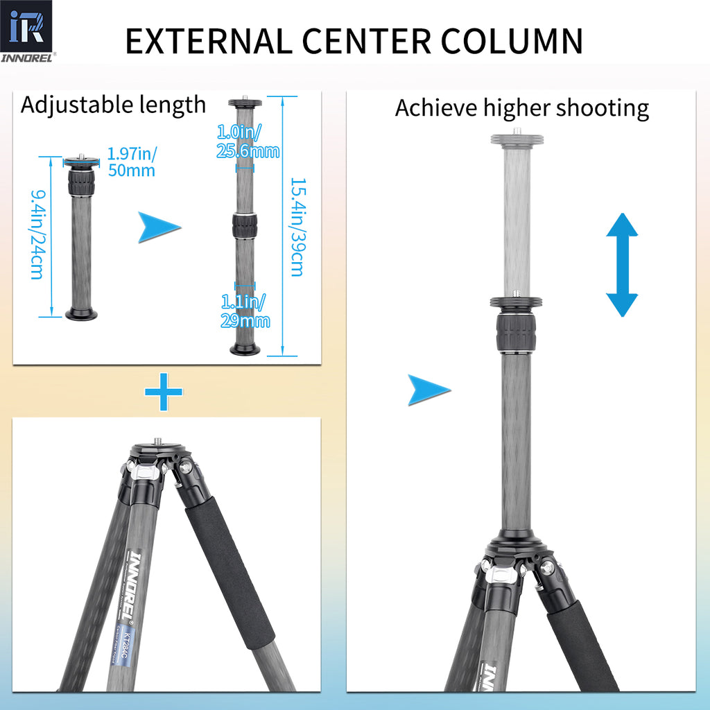 Tripod with adjustable center column and measurement details on a gradient background