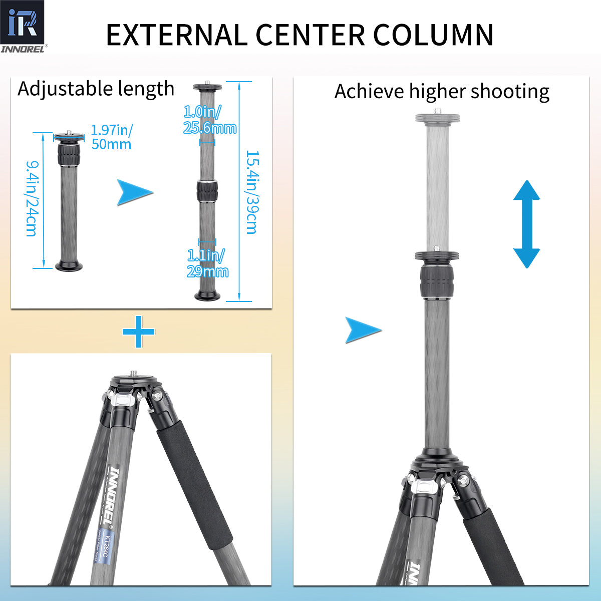 Tripod with adjustable center column and measurement details on a gradient background
