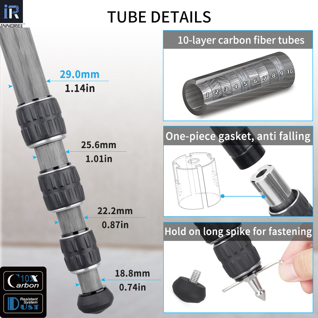 Detailed view of a carbon fiber tube with measurements and features highlighted.