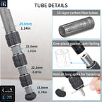 Detailed view of a carbon fiber tube with measurements and features highlighted.